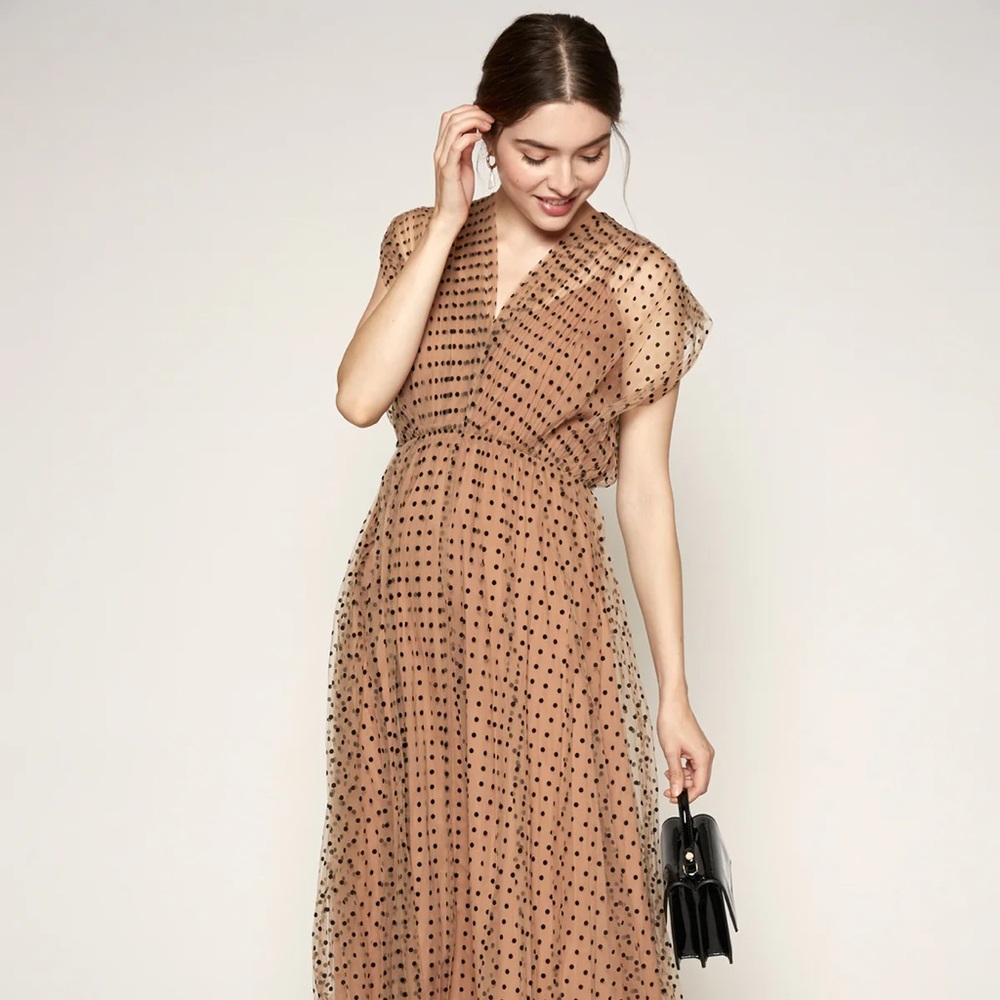 Lucy Paris Brown and White Flutter Sleeve Midi Dress